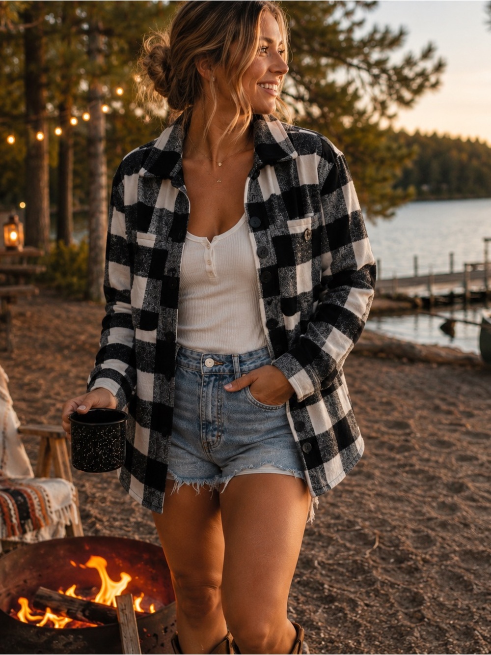Sanctuary Buffalo Plaid Shacket Black White Jacket XS Fall